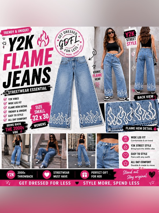SHEIN Denim - Manfinity Flame Jeans Y2K Streetwear Blue Denim Wide Leg Womens Small 32x30